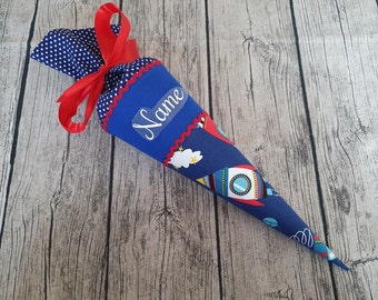 Schultüte / Zuckertüte aus Stoff - 35cm - Raketen - Blau - Name - Unikat - Individualisiert