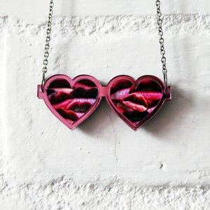 Love Goggles Necklace Pink Mirror, Heart Sunglasses