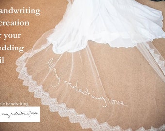 Handwriting Veil. Recreation of a loved one’s handwriting sample in embroidery. Add to one of our veils or request DIY embroidery only..