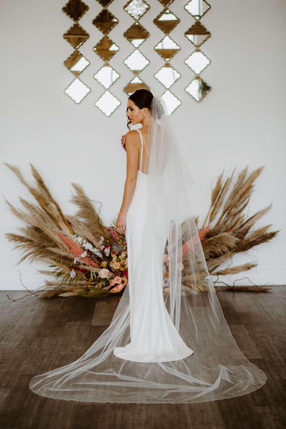 Designer Floor-Length Ivory Wedding Veil with Blusher Elegant Two Tier Cathedral Bridal Veil, Sequined Floral Lace  main image 2