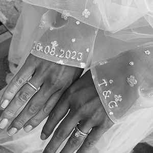 Wedding Embroidery on Tulle | Mini Personalised 1cm stitched monogram and date supplied for sewing onto your wedding dress sleeves