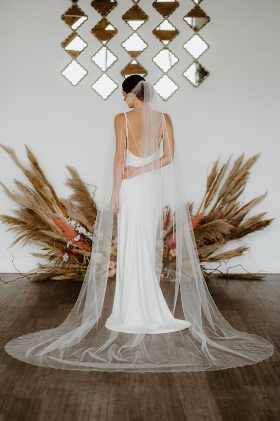 Elegant Cathedral Bridal Veil with Scattered Crystals (Ivory) Bianco Ivory Single Tier Satin Edge Cathedral Veil with  main image 3