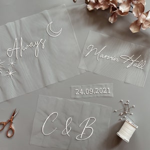 DIY Veil Embroidery. Personalised stitched wording supplied on tulle for stitching onto an existing veil. Sew onto your own veil at home image 1