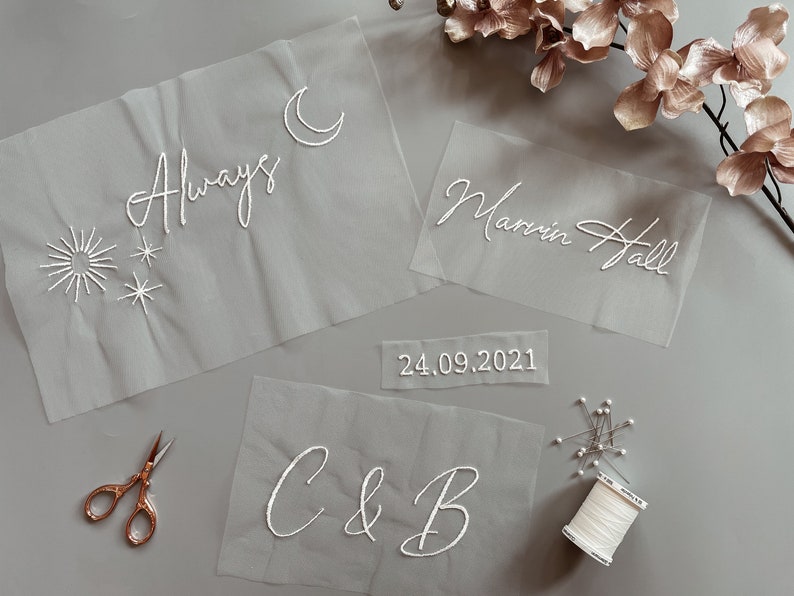 DIY Veil Embroidery. Personalised stitched wording supplied on tulle for stitching onto an existing veil. Sew onto your own veil at home image 1