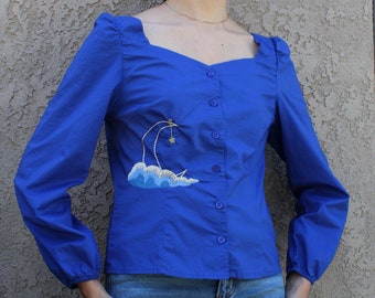 Clouded Moon Hand-Embroidered Blue Puffed Sleeve Square Neck Button Down Blouse