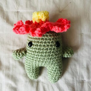 May include: A crocheted plush toy shaped like a green cactus with two small arms and two legs. The cactus features a bright pink flower with a yellow center on top and two small black plastic eyes embedded in the front of the green body.
