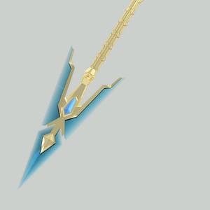 May include: A gold and blue spear with a white shaft and a decorative tip. The spear has a blue gem in the center of the tip.