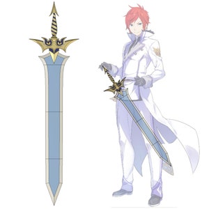 May include: A white-clad character with red hair holds a blue and gold sword with a decorative hilt. The sword is also shown separately, with a detailed view of its design.