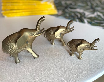 Set of 3 solid brass elephants MCM figurine mid century safari decor baby elephant nursery decor