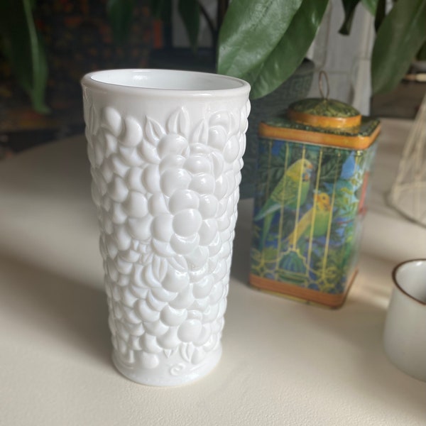 Milkglass vase Indiana Glass heavy cylindrical bumpy pebble grape floral pattern cottage decor shabby chic cottage decor flower vase