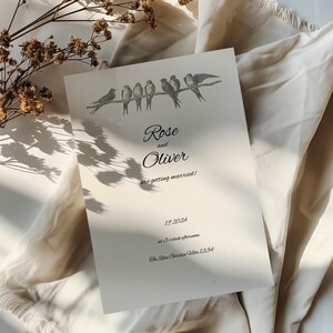 Modelo de convite de casamento de pássaro elegante, convite minimalista e cartão de detalhes do Canva, download digital editável e elegante