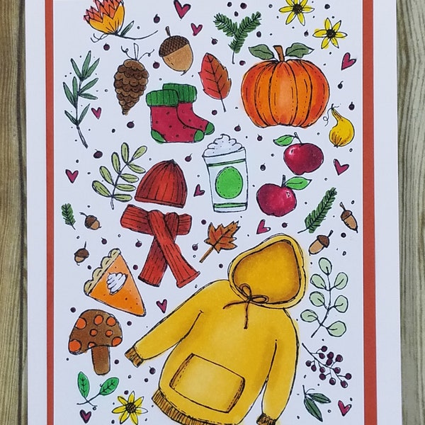 Fall collage card, pumpkin, latte, hoodie, scarf, hat, socks, acorn, leaves,  Handcolored greeting card, hand stamped, handmade