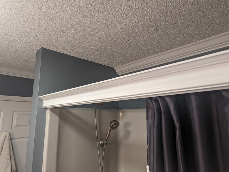 May include: A bathroom interior featuring a white shower stall with a dark gray shower curtain. The showerhead is visible. White crown molding adorns the ceiling and the top of the shower stall. The walls are painted in shades of gray and blue.
