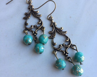 Boho chic brass filigree turquoise glass earrings