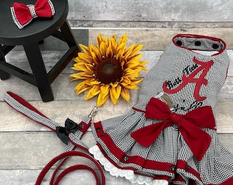 Alabama Roll Tide Dog Dress, Black White Plaid, Red Accent