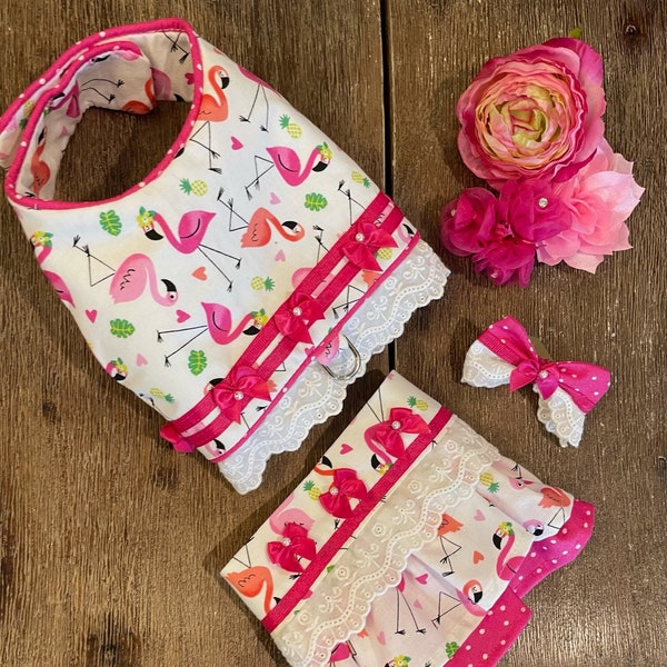 Summer Pink and White Flamingo Colorful Dog 2 pc Harness Dress/Dog Summer Dress/Dog Beach Harness/ Party Dog Dress