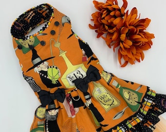 May include: An orange pet dress featuring a Halloween print with witches, potion bottles labeled No. 13 and Hell's Broth, and black bows. The garment has a black ruffled hem with striped patterns, a black collar, and a sheer orange tulle underskirt.