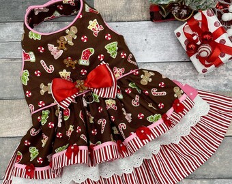 Christmas Dog dress/Holiday Dog Dress/Ginger breadman Dog Dress/Special Occasion Dog Dress