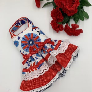 Red and Blue Ruffle Dog Dress: Cotton Summer Outfit