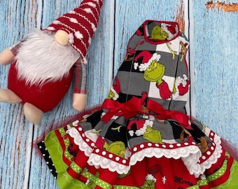 Grinch Christmas Dog Dress, Red Plaid Holiday Outfit