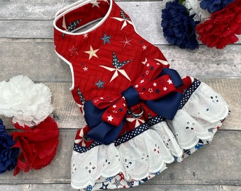 Fourth of July pet harness dress /Red, white, and blue pet harness, small dog clothes, party dog clothes