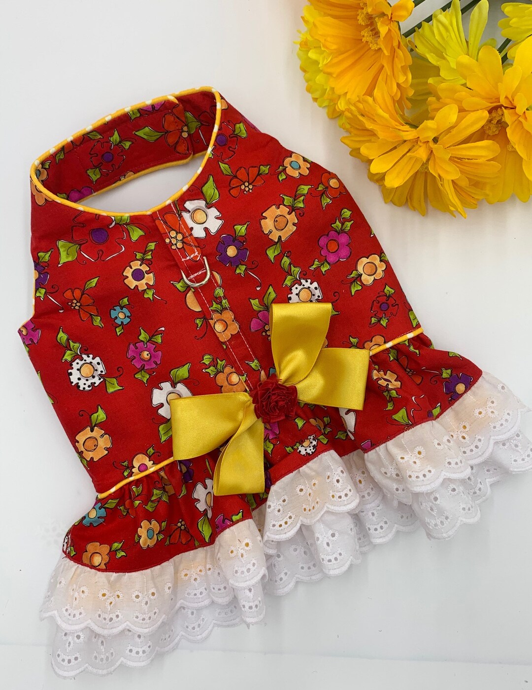 Red Flower Dog Harness Dress/dog Harness/spring Dog Dress/summer Dog Dress/girl Dog Clothes Etsy