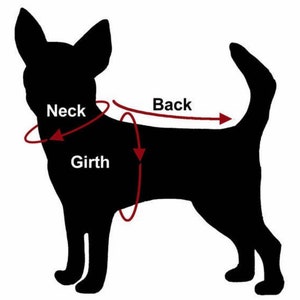 May include: A black silhouette of a dog showing measurement points for pet clothing. Red arrows and lines indicate the neck, girth, and back areas. The text labels Neck, Girth, and Back are clearly visible in white font against the black dog shape.