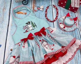 Christmas Blue Snowman Dog Dress/ Holiday Dog Dress/Dog Party Dress/ Pet Holiday Dress