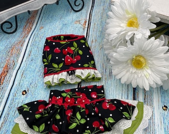 May include: A black and green dog skirt with red cherries and white lace trim. The skirt has a green waistband and a white lace overlay. The skirt is paired with a black and green dog collar with red cherries and white lace trim. The collar has a metal buckle.