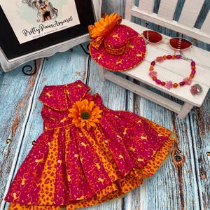 May include: A pink and orange dog dress with a floral design and a large orange flower. A matching hat, sunglasses, and jewelry are on a small bench. The dress is part of the Pretty Paws Apparel collection.