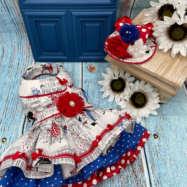 A Red White andBlue Paris Dog Dress/Fourt ofJuly Dog Dress/ Paris Dog Dress/Spring Dog Dress/Summer Dog Dress/PartyDogDress/BirthdayDogDress