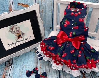 Red Cherry Navy Dog Dress/Summer Dog Dress/Birthday Dog Dress/Independence Day Dog Dress