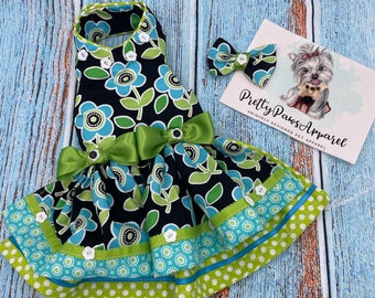 Aqua Green Flower Dog Dress/Summer Dog Dress/Spring Dress /Birthday Dog Dress/ Wedding Dog Dress/