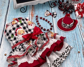Red Plaid Santa Dog Dress, Holiday Party Pet Outfit