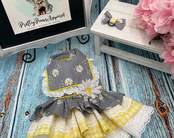 Grey Yellow Daisy Dog Dress/ Easter Spring Dog Dress/Party Dog Dress/Birthday Dog Dress/Wedding Dog Dress