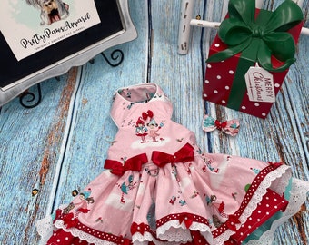 Christmas Pink Caroling Dress/Holiday dog dress/ Party Dog Dress/Special Occasion Dog dress
