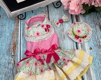Pink Floral Spring Dog Dress/Easter Dog Dress/Party Dog Dress/Birthday Dog Dress