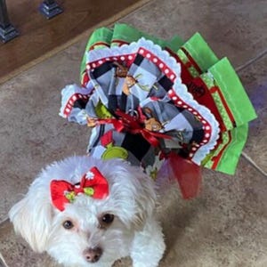 May include: A small white dog wearing a red bow on its head and a festive dress featuring a black and white buffalo plaid pattern with green and red accents. The dress has a ruffled skirt with white lace trim and a red ribbon tied at the waist.