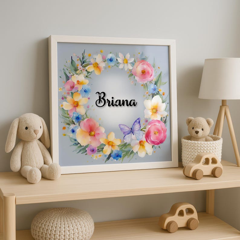 Custom Name Print | Floral Wreath Wall Art | Butterfly Nursery Decor ...