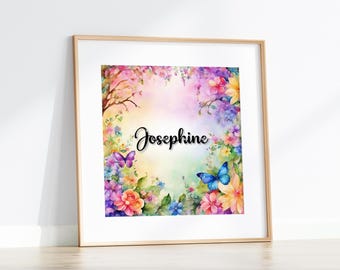 Arte personalizada com nome | Estampa floral com borboletas | Decoração de parede para quarto de menina | Pôster Josephine