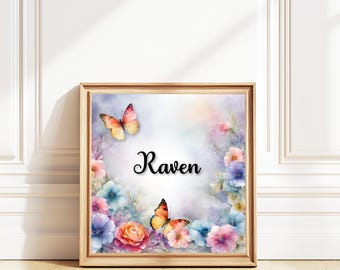 Nursery Name Print | Butterfly Floral Wall Art | Girl Room Decor | Custom Digital Download