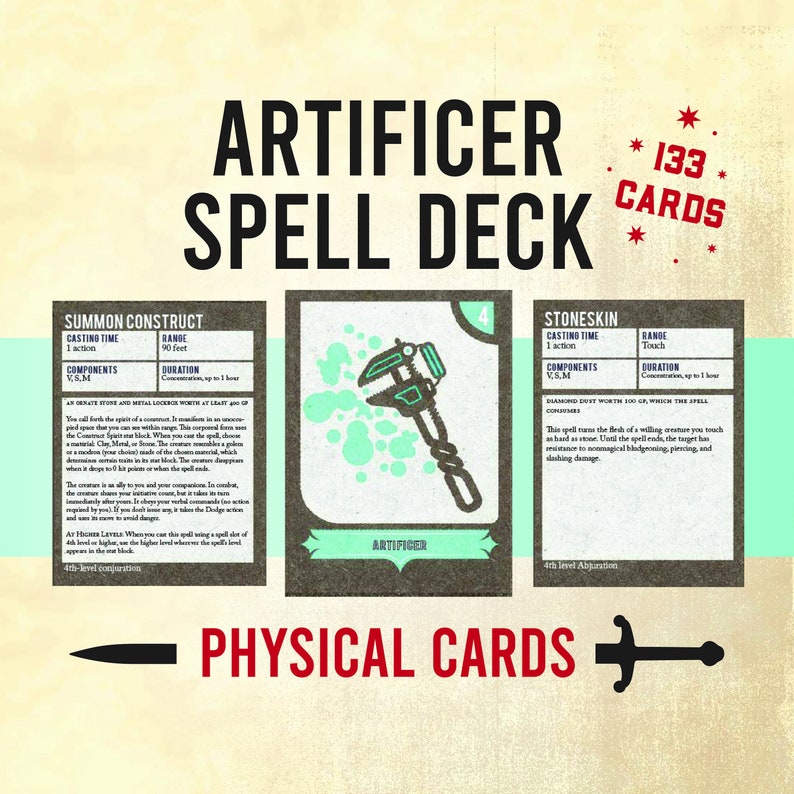 May include: A set of 133 physical cards for the Dungeons and Dragons role-playing game. The cards are designed for the Artificer class and feature illustrations of tools and weapons. The cards are printed on a light brown background with a green border.