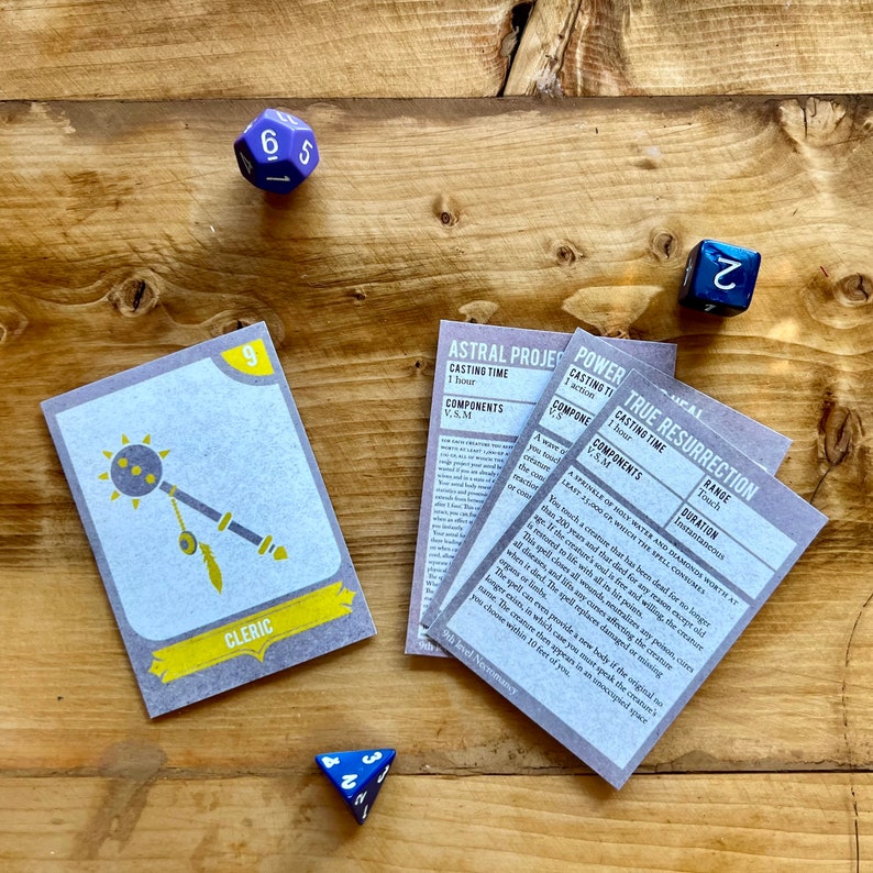 May include: Four cards with text and illustrations for a tabletop role-playing game. The cards are grey with yellow accents and feature the titles "Astral Projection", "Power Word: Kill", "True Resurrection", and "Cleric".