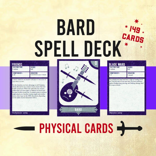 Dnd Bard Spell Cards Deck, SCAg XGE TCE Expansions, 5e Tabletop RPG Player Cards, Bard Spells And Cantrips Level 0-9, Play Dnd, Gamer Gift