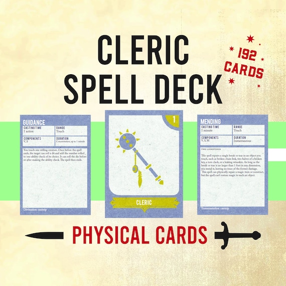 2014 Release 5e Cleric Spell Cards, DnD Spell Deck, Dungeons and Dragons Spell Reference, D&D Physical Spell Cards, Play DND Gift for Him