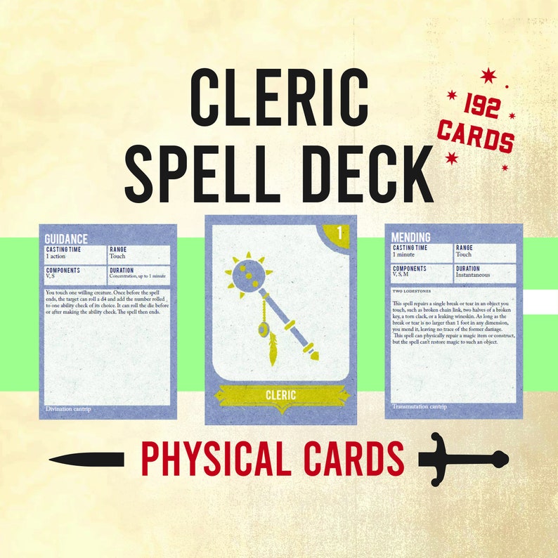 May include: A set of 192 cards for a cleric spell deck in a Dungeons and Dragons game. The cards are blue with white text and have illustrations of a mace and a staff. The text on the cards includes "Guidance", "Mending", "Casting Time", "Range", "Components", and "Duration".