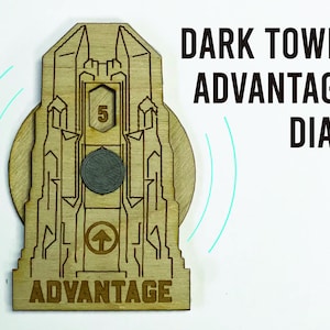 May include: A wooden Dark Tower Advantage Dial with etched details. The dial features the word "ADVANTAGE" at the bottom, a number "5" in a hexagon, and a circular gray piece in the center. The text "DARK TOWER ADVANTAGE DIAL" is printed on the right.