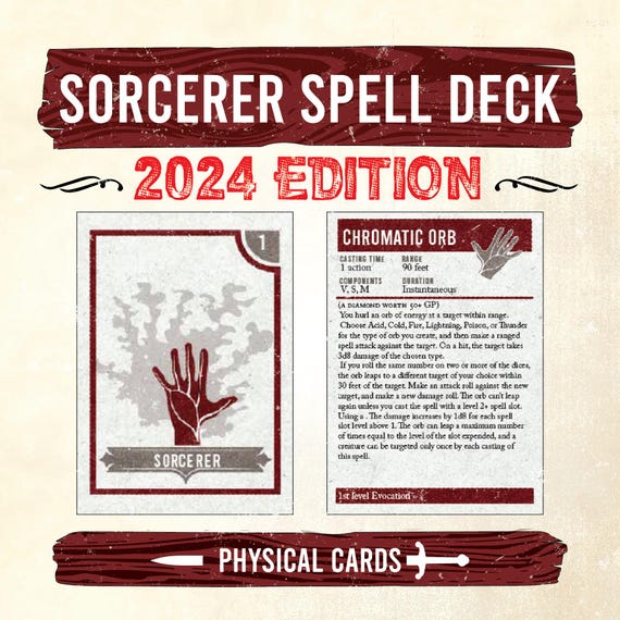 DnD Spell Cards, Sorcerer Spell Deck, DnD 5th Edition Spell Cards, 2024 5.5e Dungeons And Dragons Game Tools, DnD Beginners Gift ~ Level 0-9