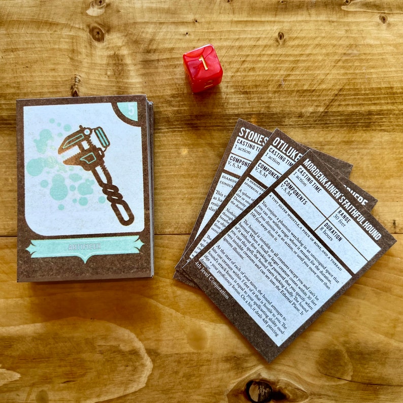 May include: A set of five brown cards with text and illustrations. The cards are for a tabletop role-playing game. The text on the cards includes "Stones", "Otiluke's Faithful Hound", "Mordenkainen's Faithful Hound", "Casting Time", "Components", "Range", "Duration", "A Tiny Silver Whistle, A Piece of Bone, and a Thread", "You conjure a phantom watchdog in an unoccupied space that you can see within range, where it remains for the duration until you dismiss it as an action, or until you move more than 100 feet away from it.", "The hound is invisible to all creatures except you and can't be harmed. When a Small or larger creature comes within 30 feet of it without first speaking the password that you specify when you cast this spell, the hound starts barking loudly. The hound sees invisible creatures and can enter the Ethereal Plane. It ignores illusions.", "At the start of each of your turns, the hound attempts to bite one creature within 5 feet of it that is hostile to you. The hound's attack bonus is equal to your spellcasting ability modifier + your proficiency bonus. On a hit, it deals 4d8 piercing damage.", "4th level Conjuration".