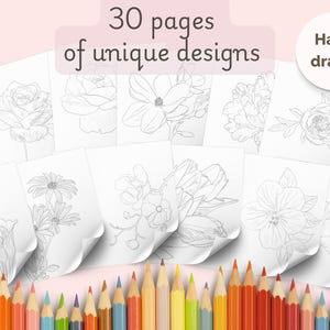 30 Flower Coloring Pages, Floral Coloring Book, Relaxing Activities for Adults and Kids Digital Coloring INSTANT DOWNLOAD Printable PDF file